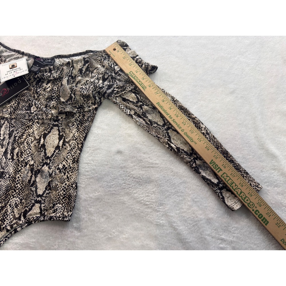 Polly & Esther Snakeskin Off Shoulder Ruffle Bodysuit Long Sleeve Gray Thong M - Picture 4 of 9